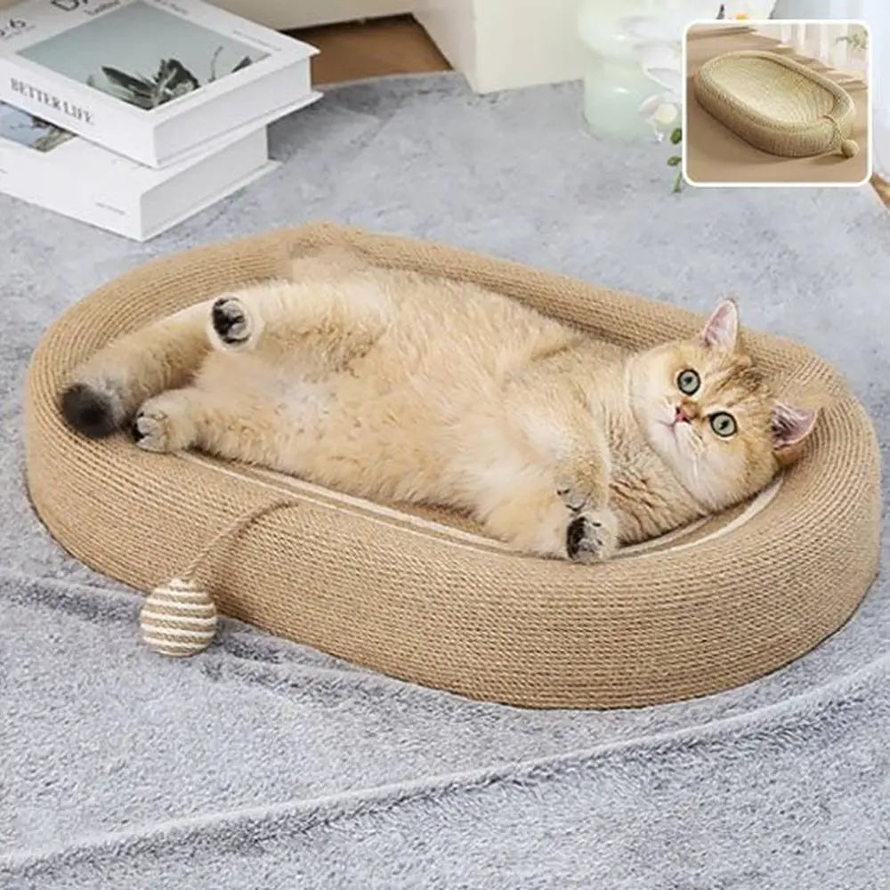 Panier griffoir pour chat beige, coussin ovale avec jouet à boule