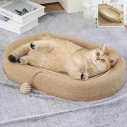 Panier griffoir pour chat beige, coussin ovale avec jouet à boule
