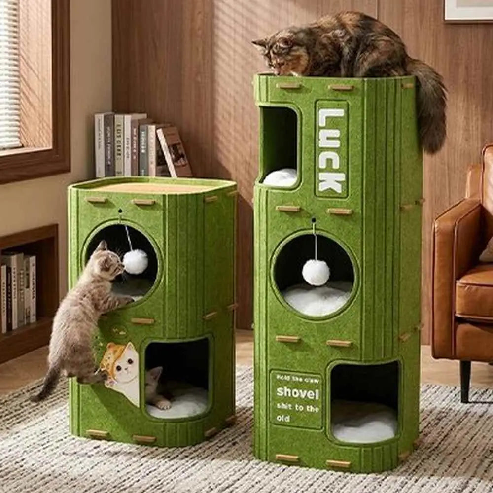 Niche pour chat verte, ouvertures latérales et boule suspendue