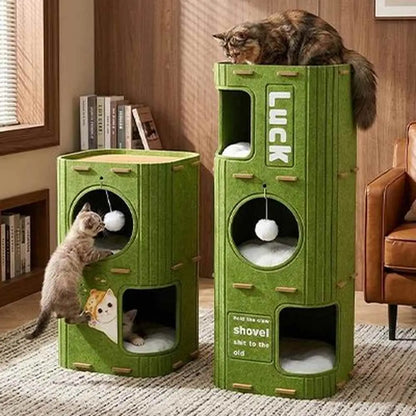Niche pour chat verte, ouvertures latérales et boule suspendue