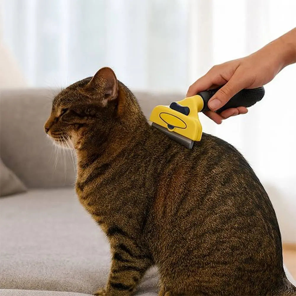 Brosse pour chat à poils courts PurFect, poignée noire et tête jaune