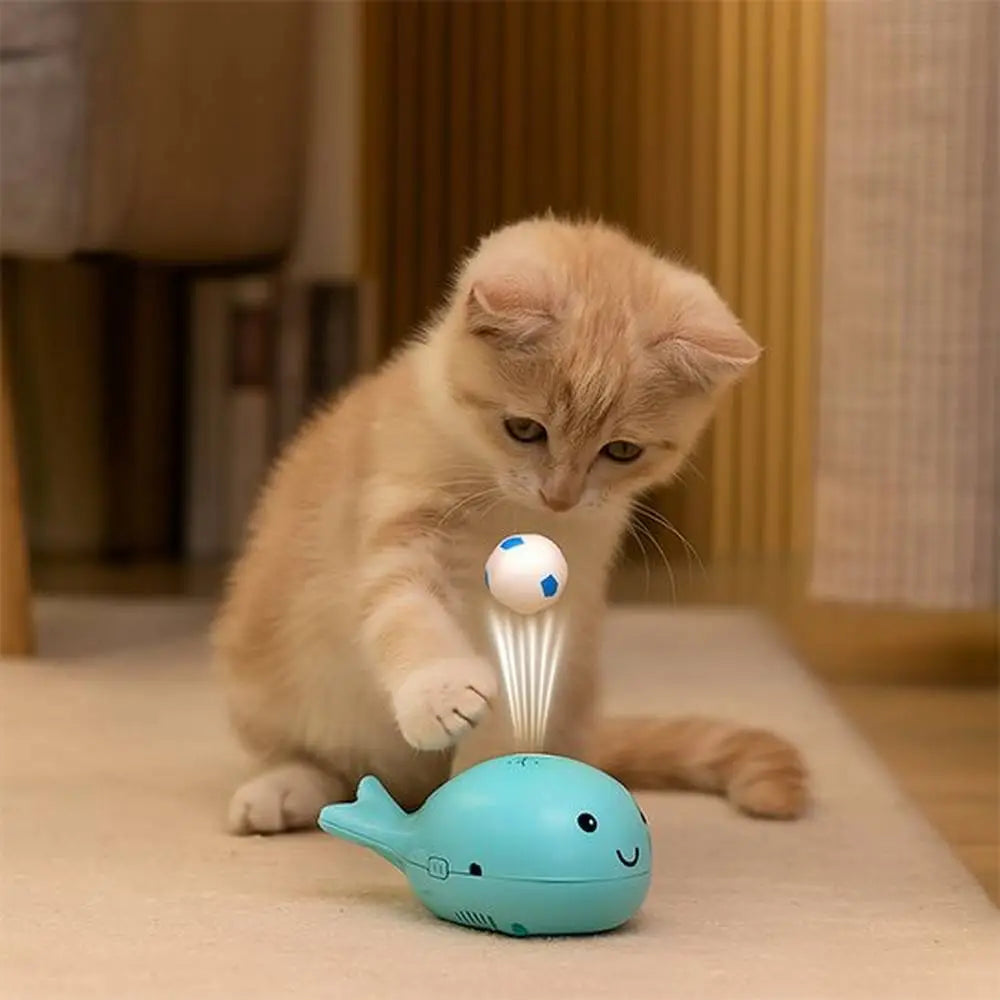 Jouet pour chat dauphin bleu lance-balle avec ventilateur, balle sortante.
