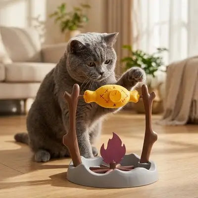 Mangeoire interactive rotative pour chat, jouet jaune au centre et éléments rouges