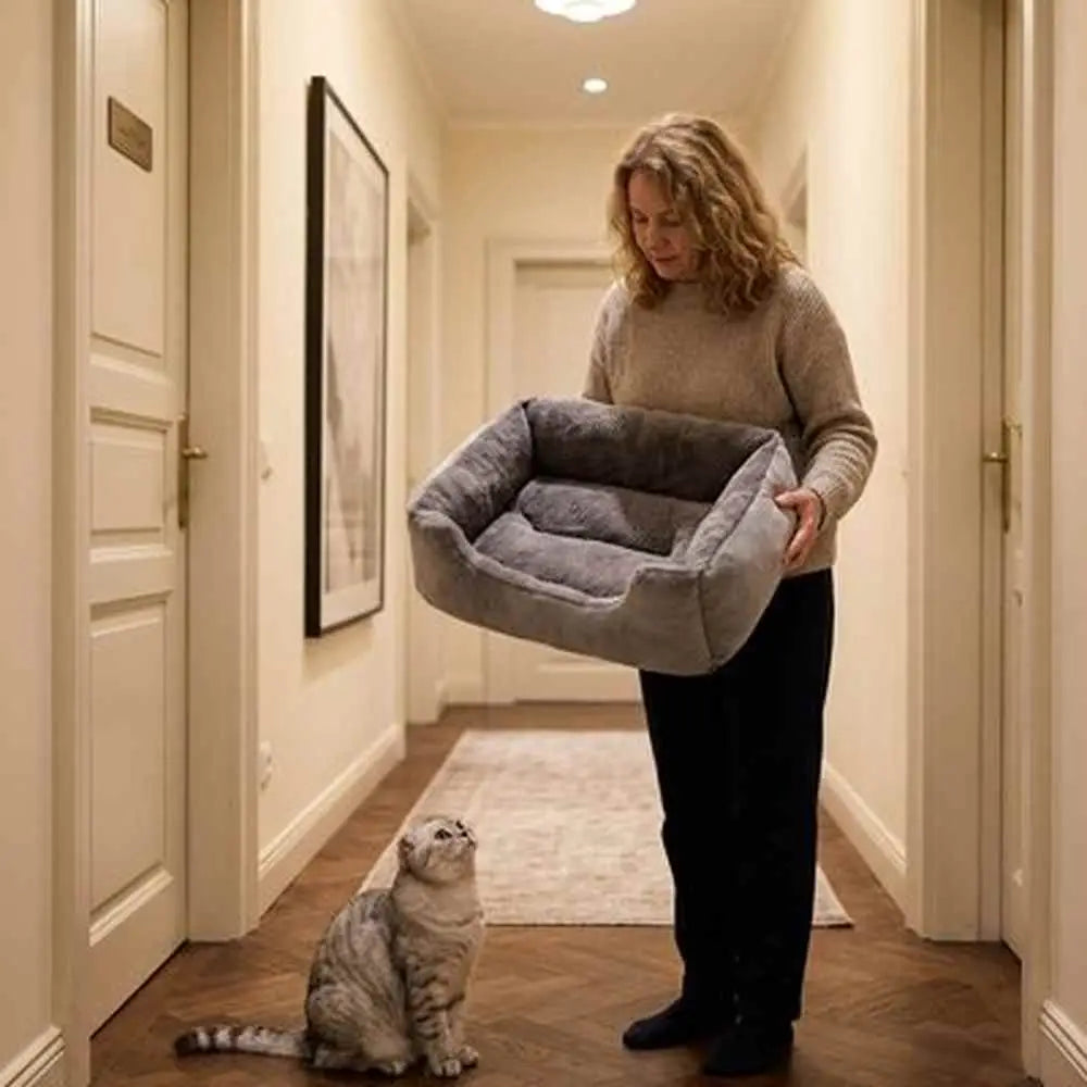 Panier pour chat en tissu gris, forme rectangulaire avec coussin intérieur.