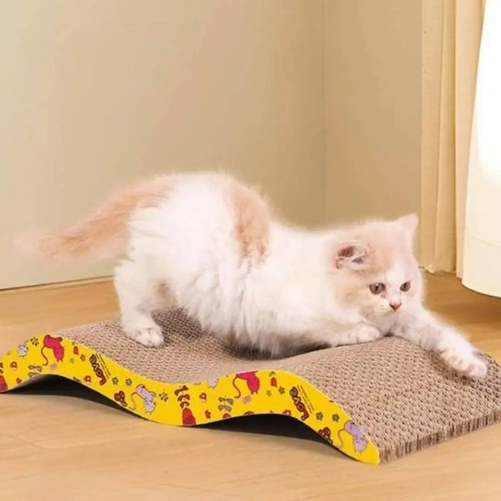 Griffoir pour chat design moderne, surface rugueuse grise et base incurvée jaune