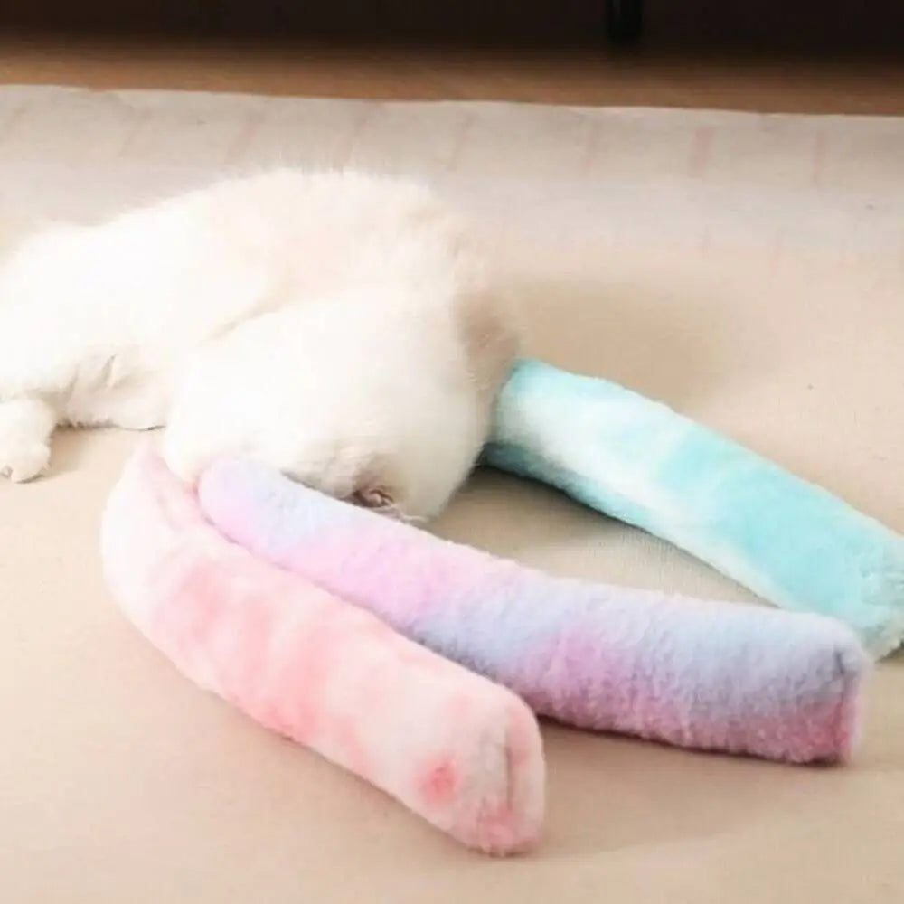 Bâtons à macher pour chat en peluche, rose pâle et bleu clair, formes cylindriques