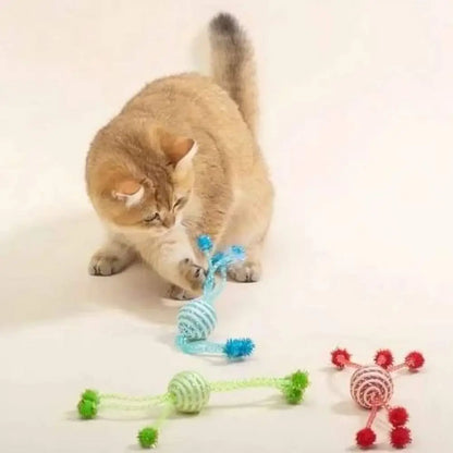 Jouet pour chat StimuCat Interactif, corde à macher bleue, balle rayée et pompons