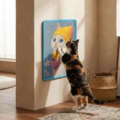 Tapis griffoir mural pour chat avec cadre bleu, motif chat illustré, chat tigré en appui