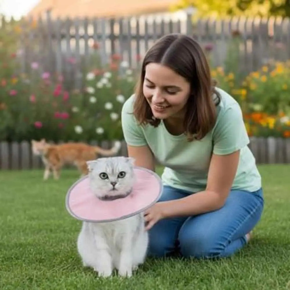 Collerette de protection pour chat rose, collerette ronde en tissu souple.