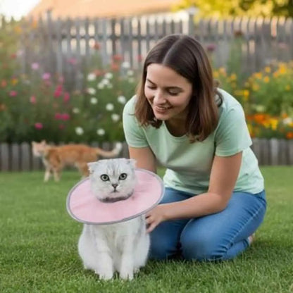 Collerette de protection pour chat rose, collerette ronde en tissu souple.