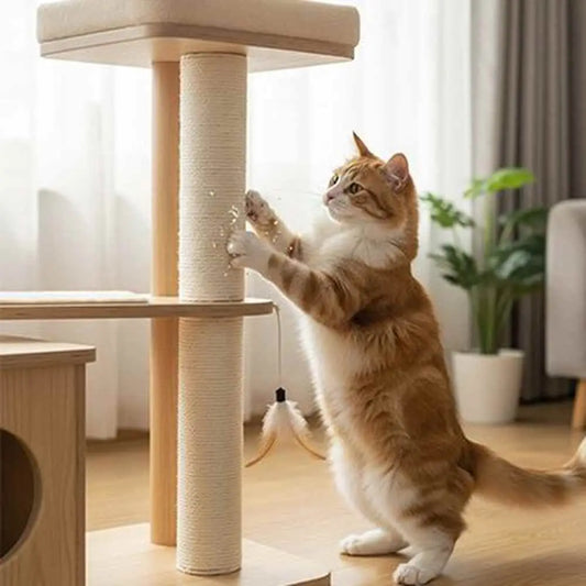 Griffoir pour chat à gratter, poteau en sisal beige avec plateau supérieur rectangulaire.
