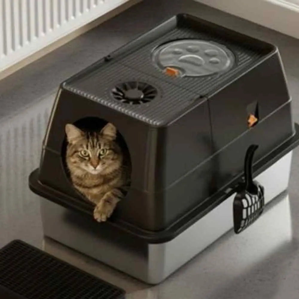 Bac à litière fermé pour chat, coque gris foncé avec ouverture frontale
