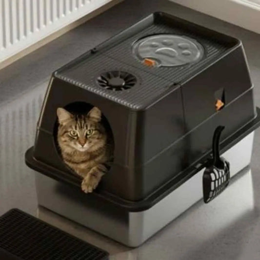 Bac à litière fermé pour chat, coque gris foncé avec ouverture frontale