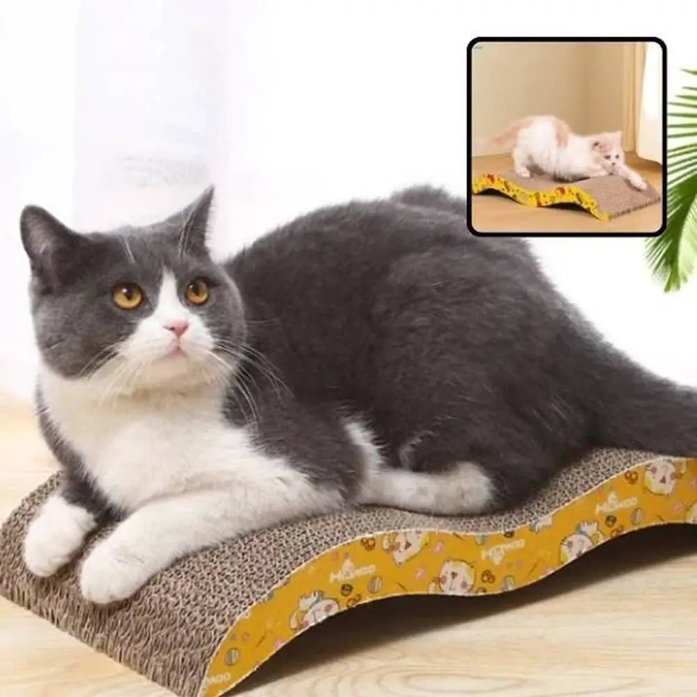 Griffoir pour chat design moderne, surface grise à gratter et bord jaune à motifs