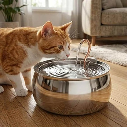 Fontaine à eau pour chat : bassin inox avec jet d’eau sortant d’un bec cuivré.