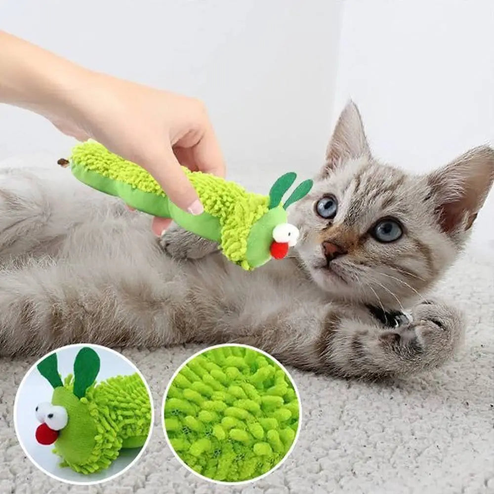 Jouet mâcher pour chat vert en peluche à relief, souris blanche à nez rouge.