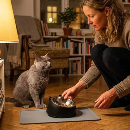 Gamelle pour chat noire avec bol inox, sur support