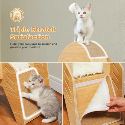 Arbre à chat en bois forme fusée avec rampe de grattage recouverte de sisal.
