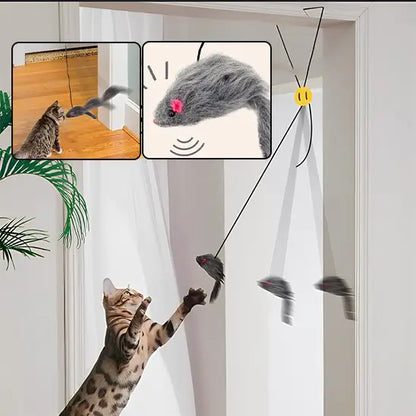 Jouet pour chat interactif: petite souris grise suspendue, nez rose, corde