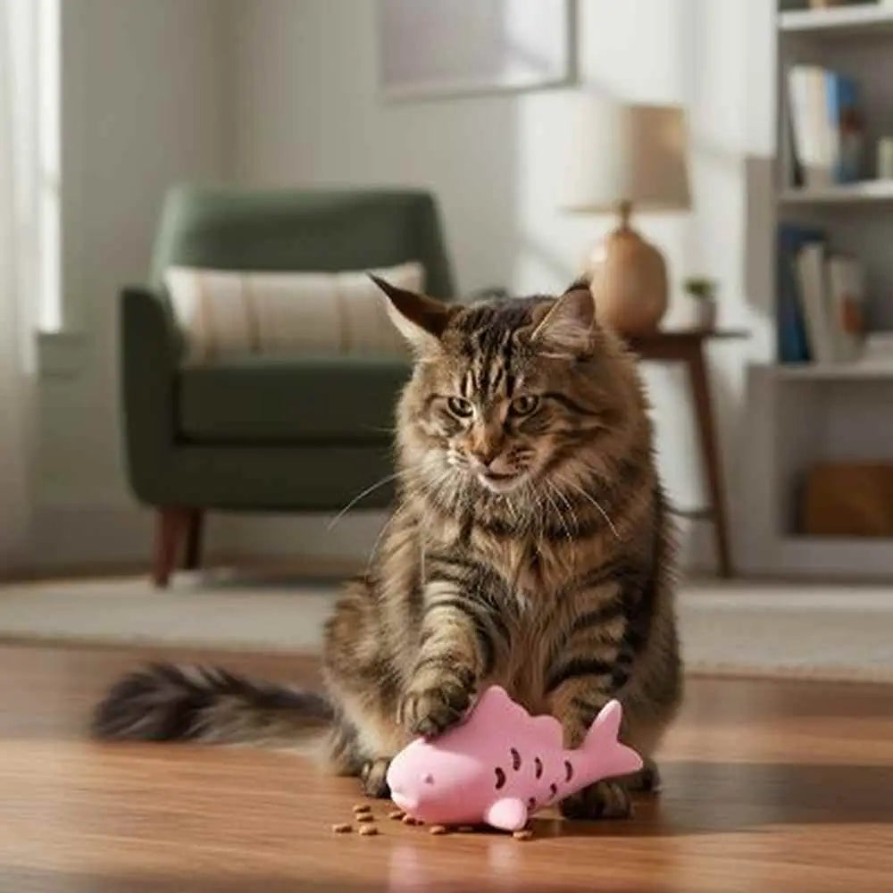 Jeu pour chat en forme de poisson rose, jeu au sol près d’un chat.