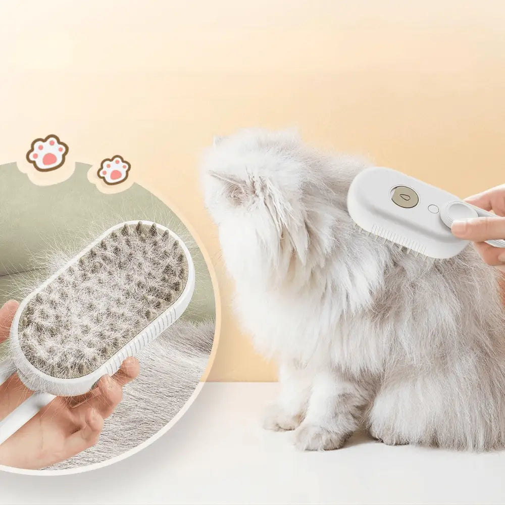 Brosse vapeur pour chat avec tête blanche et coussin texturé, utilisée sur un pelage