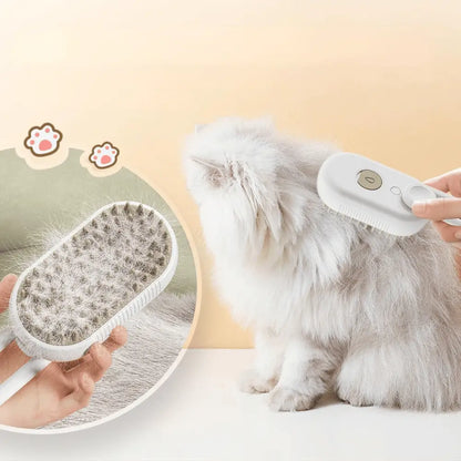 Brosse vapeur pour chat avec tête blanche et coussin texturé, utilisée sur un pelage