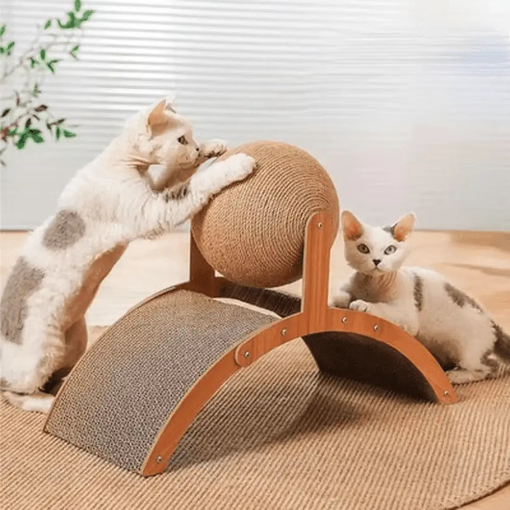 Griffoir pour chat : poteau rond en sisal beige et base courbe en tissu avec bois