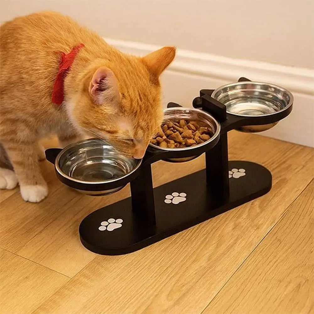 Gamelle chat surélevée DigiConfort, 3 bols inox sur support noir avec motifs pattes