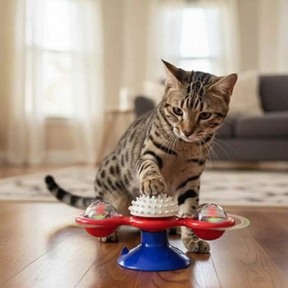 Moulin à vent pour chat, jouet rouge et bleu avec pics blancs et coupelles transparentes