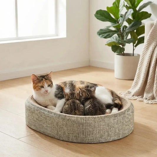 Griffoir ovale 2-en-1 en tissu gris, corbeille pour chat à bords rembourrés