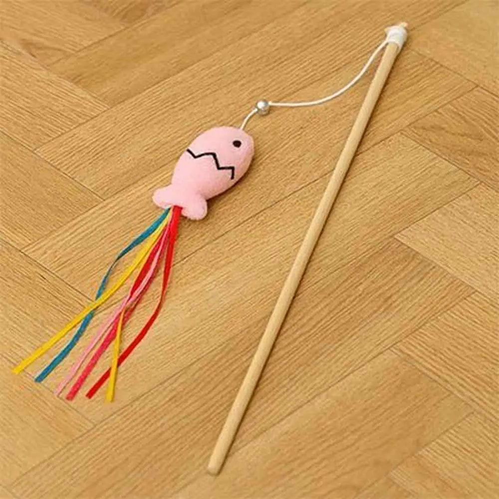 Canne à pêche pour chat : canne en bois, fil et souris tissu rose, rubans colorés