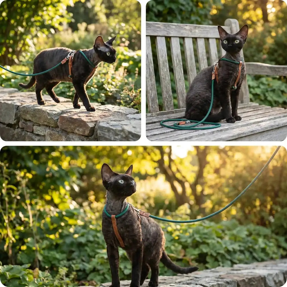 Harnais pour chat vert en cuir marron, chat noir, vue de profil