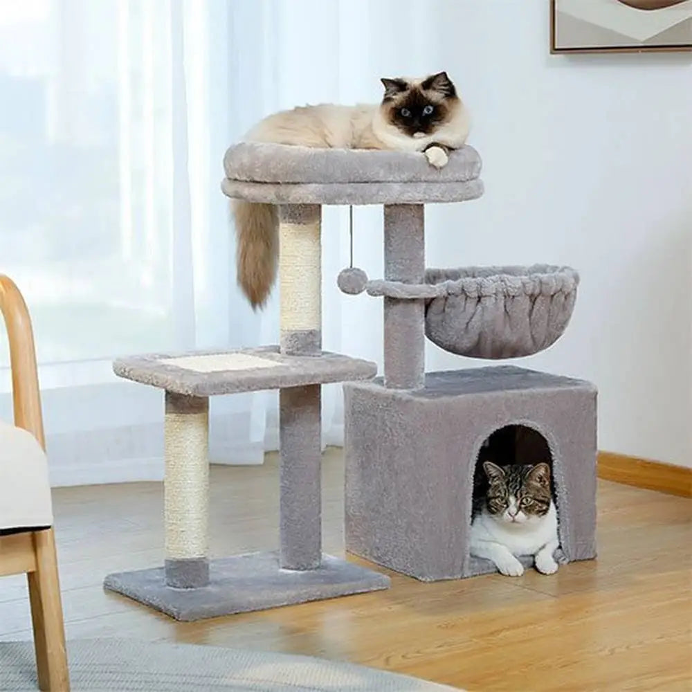 Arbre à chat compact gris, chat sur la plateforme haute, cachette à ouverture