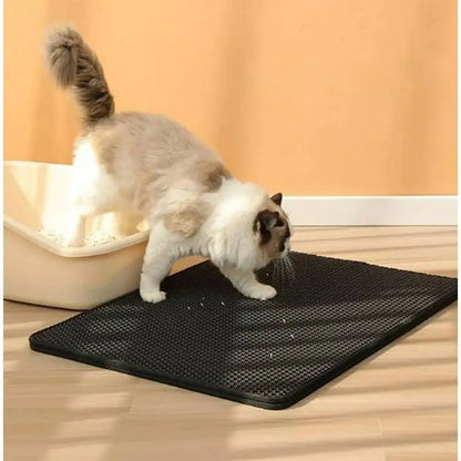 Tapis de litière pour chat double couche imperméable, alvéoles noires avec chat blanc