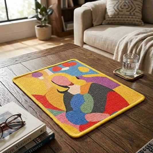 Tapis griffoir pour chat rectangulaire, surface jaune et motifs colorés sur fond bleu.