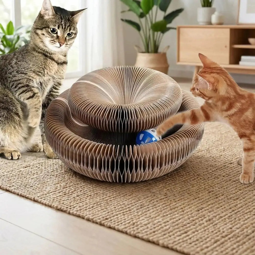 Jouet pour chat en carton ondulé brun, griffoir circulaire avec bille bleue