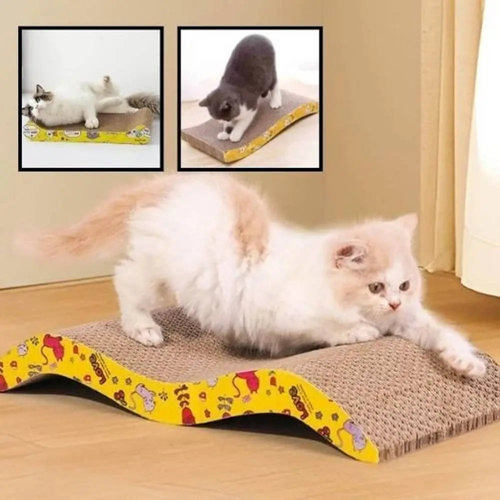 Griffoir pour chat au design moderne, surface à gratter grise et bord jaune à motifs
