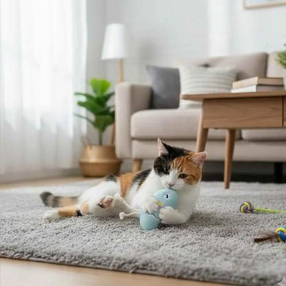 Jouet pour chat interactif : peluche à macher poisson bleu avec petites pastilles