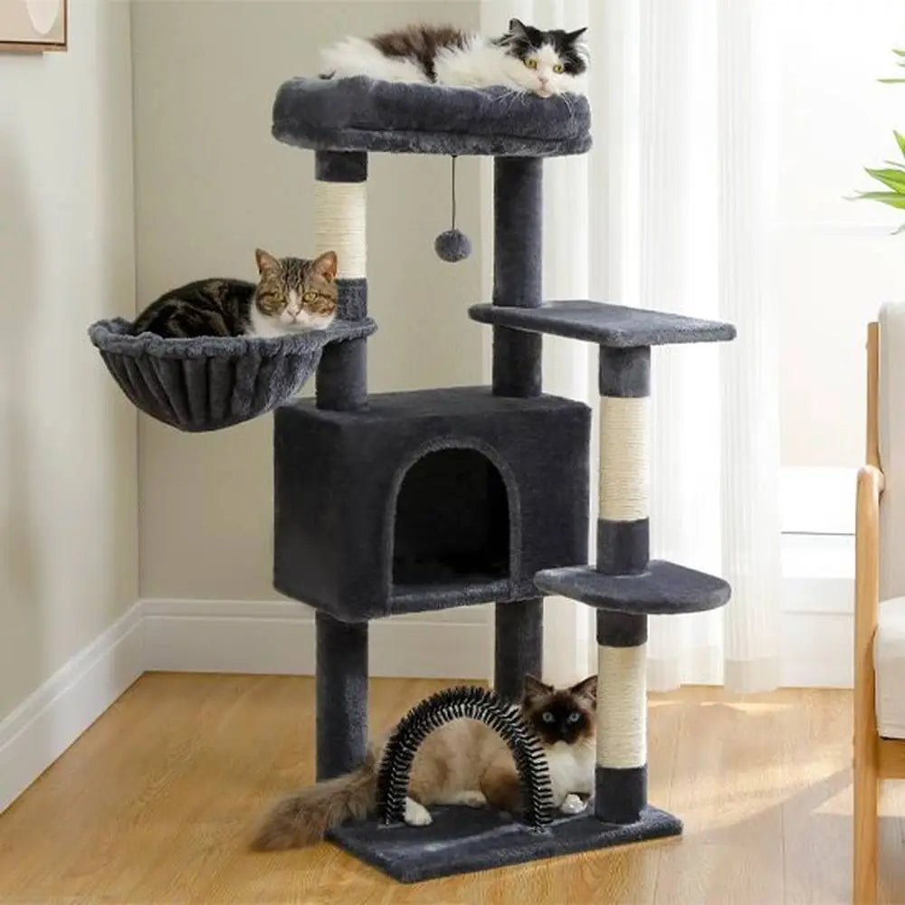 Arbre à chat compact multi-niveaux gris : niche, plateformes, hamac et griffoir arche au sol