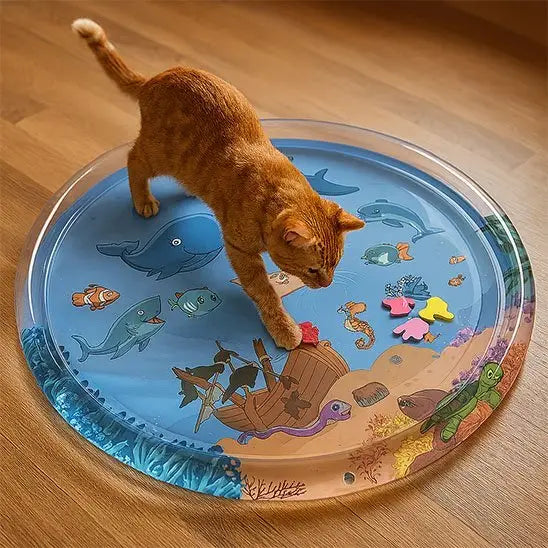 Jouet pour chat InteractiFelis rond bleu, tapis imprimé poissons, chat orange à l’intérieur