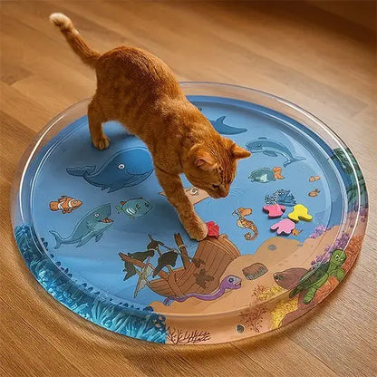 Jouet pour chat InteractiFelis rond bleu, tapis imprimé poissons, chat orange à l’intérieur