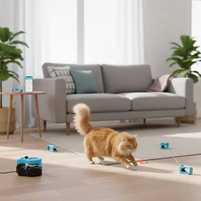 Jouet Stimul'Active bleu-noir avec accessoires, chat roux jouant près du jouet