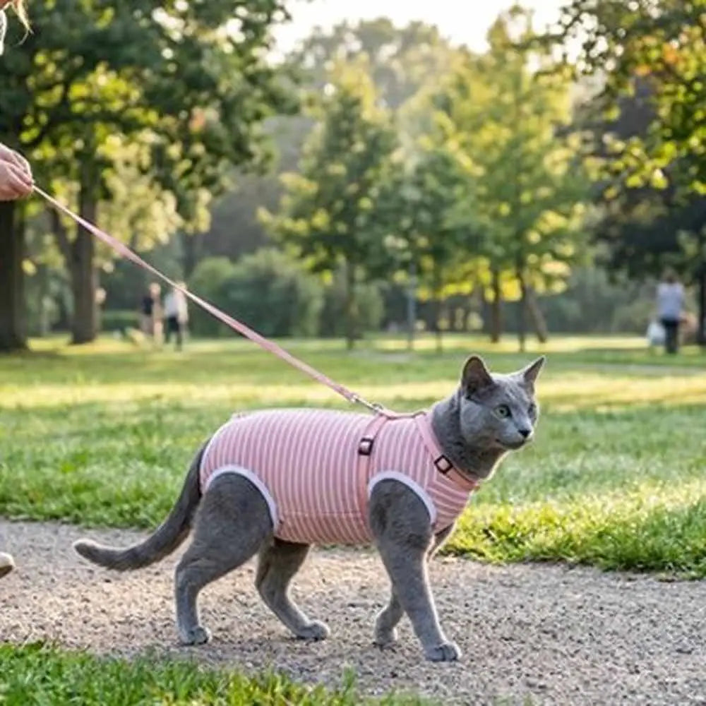 Body post-opératoire pour chat à rayures roses, encolure arrondie et bords contrastés