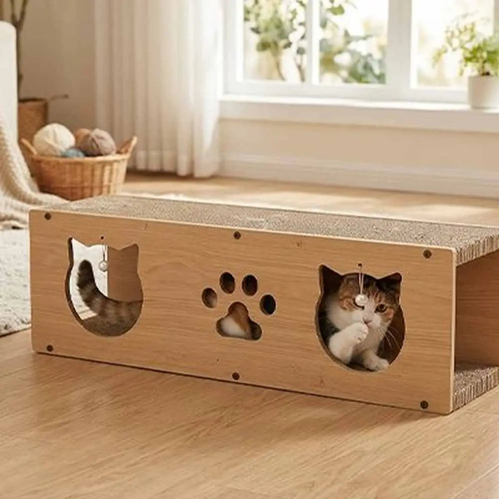 Griffoir pour chat en bois clair, ouverture avec grelot, empreinte de patte au centre