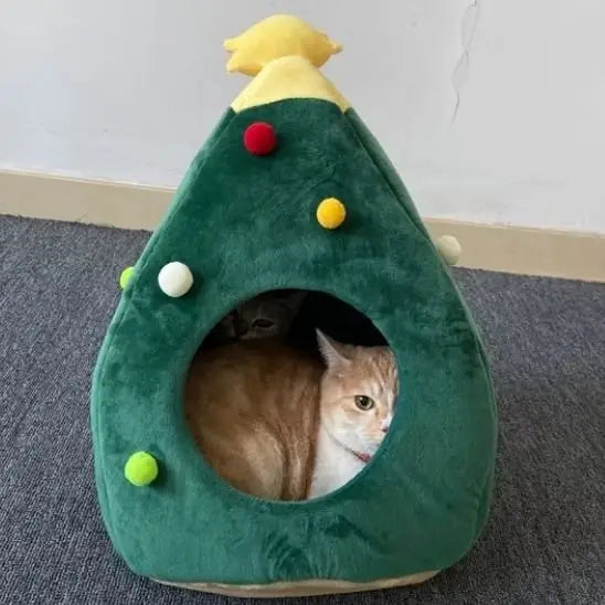 Maison pour chat sapin verte, chat tigré roux à l’intérieur de l’ouverture ronde.