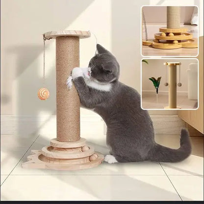 Arbre à chat en bois avec poteau en sisal, plateforme à niveaux et balle à ficelle