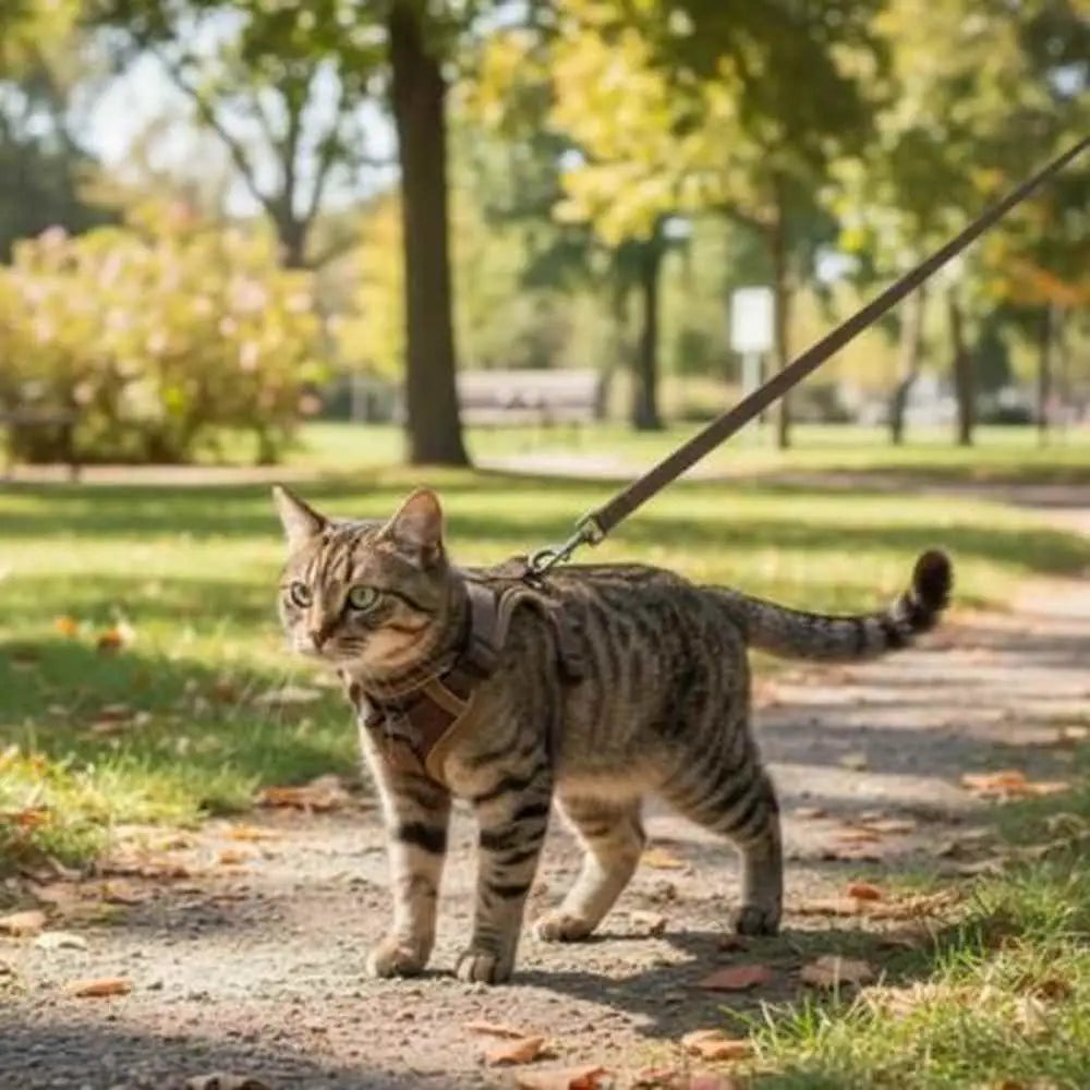 Harnais-gilet anti-évasion pour chat, marron, sangles réglables et attache