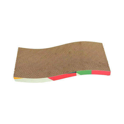 Griffoir PawComfort pour chat, vue en biais, surface beige et base à bandes