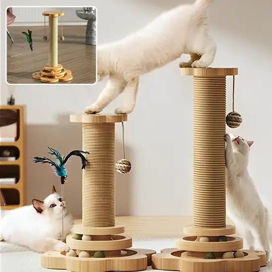 Arbre à chat en bois NatureDesign avec poteaux à griffer, plateformes rondes et balles