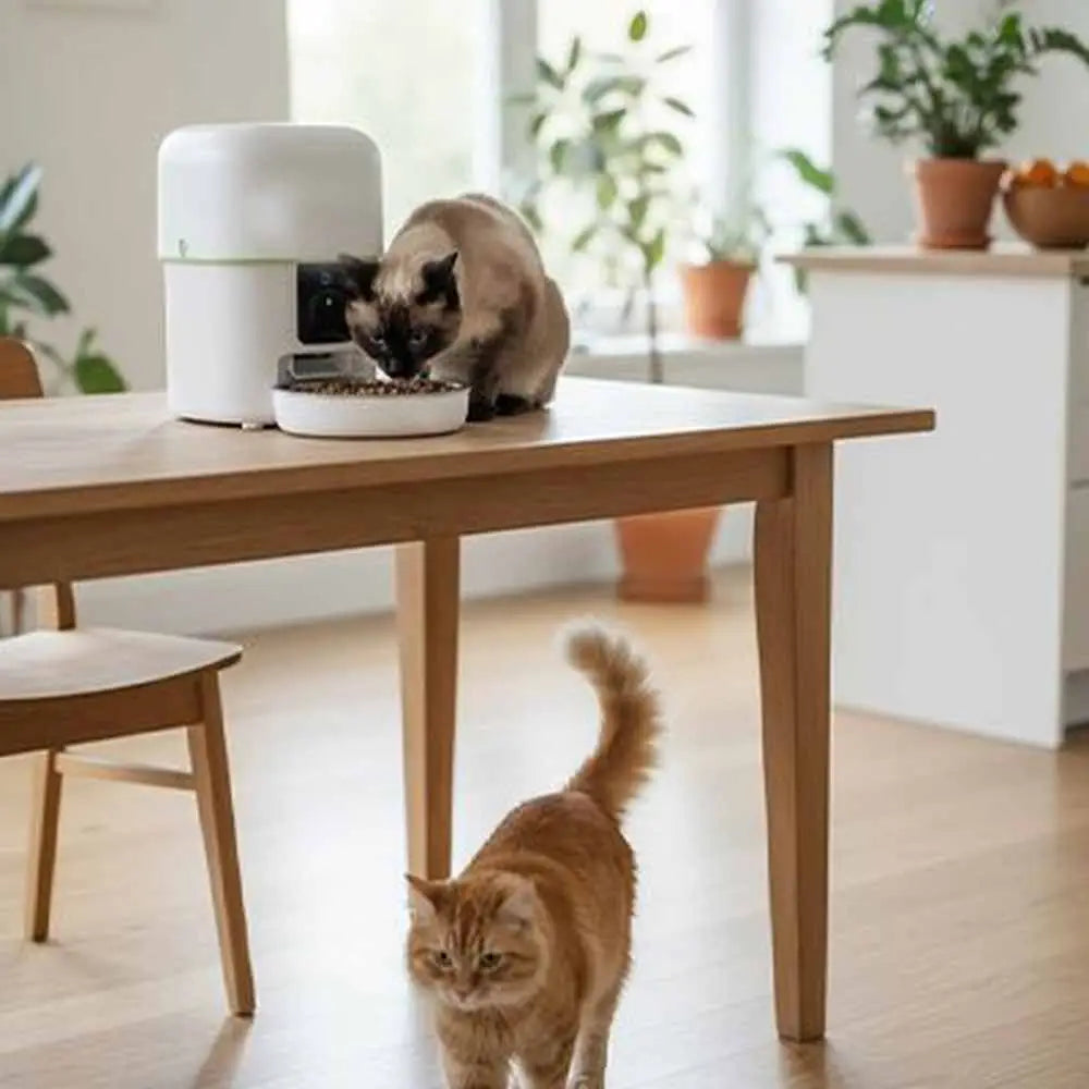 Distributeur de croquettes pour chat blanc sur table, bol ouvert et système de distribution visible.